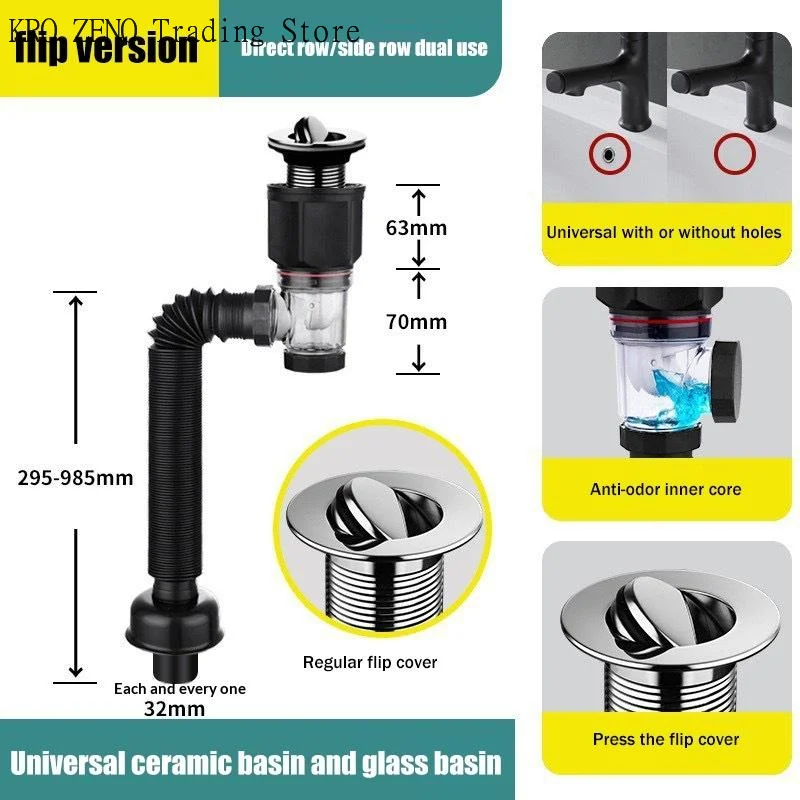 

Universal Flip Stainless Steel Washbasin Washbasin Sink Wall Drainage Pipe Kitchen Bathroom Accessories Anti Odor Drainage Pipe✨