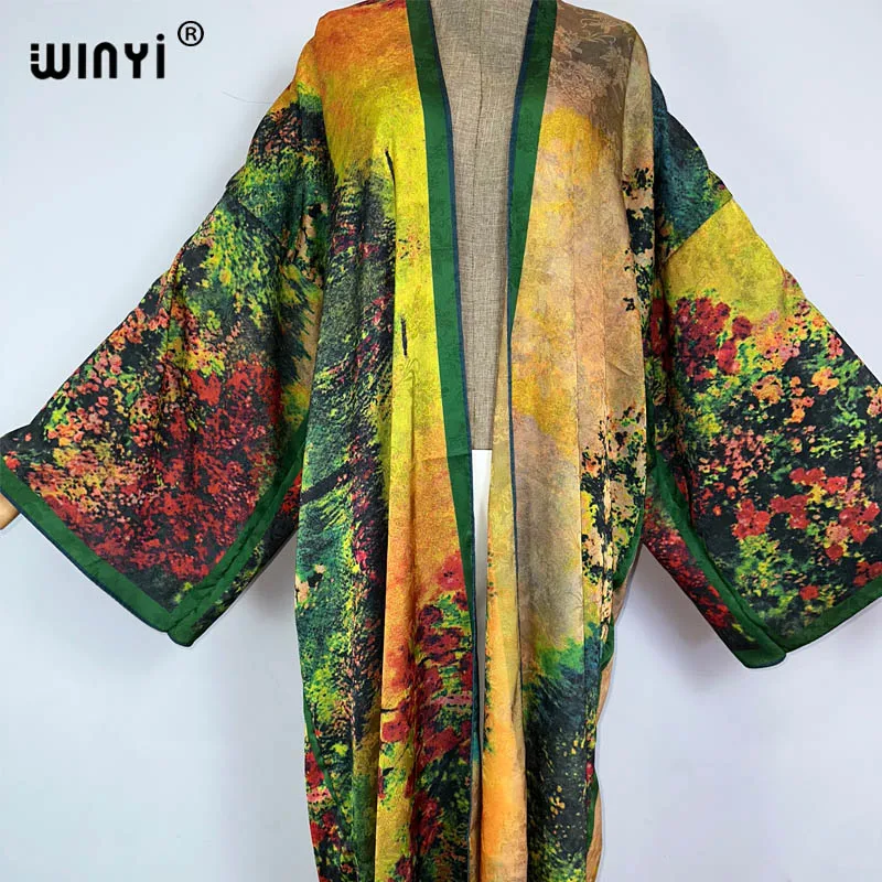 2023 WINYI Autumn High-quality Double-sided Printed Silk Dress Beach Wear Boho Cardigan Elegant Sexy Holiday Long Sleeve Kimono