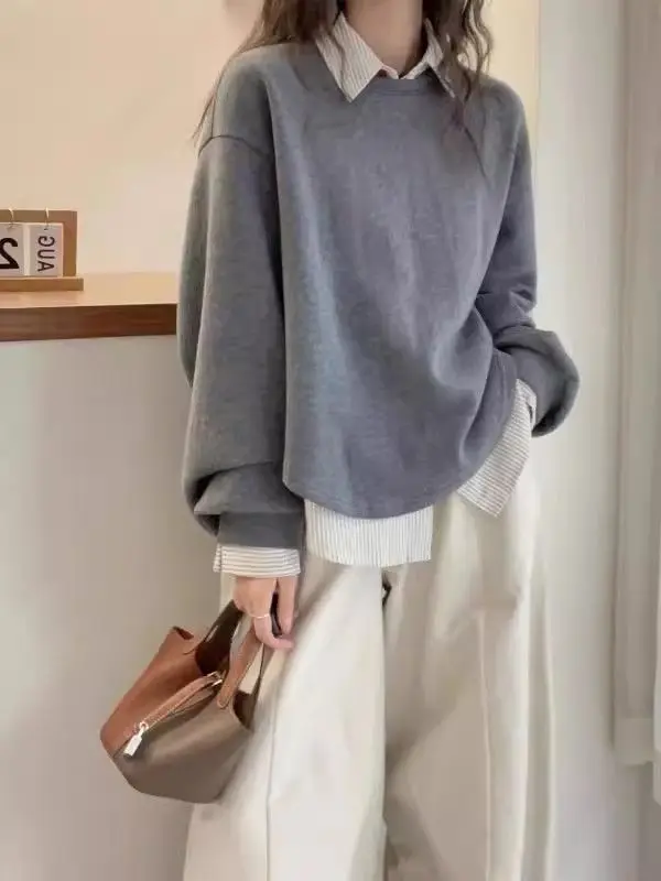 Women'S Sweatshirts Long Sleeve Tops Euro-American Patchwork Big Pockets High-Quality Cotton Fun Fall Soft Stand-Up Plush Y2K