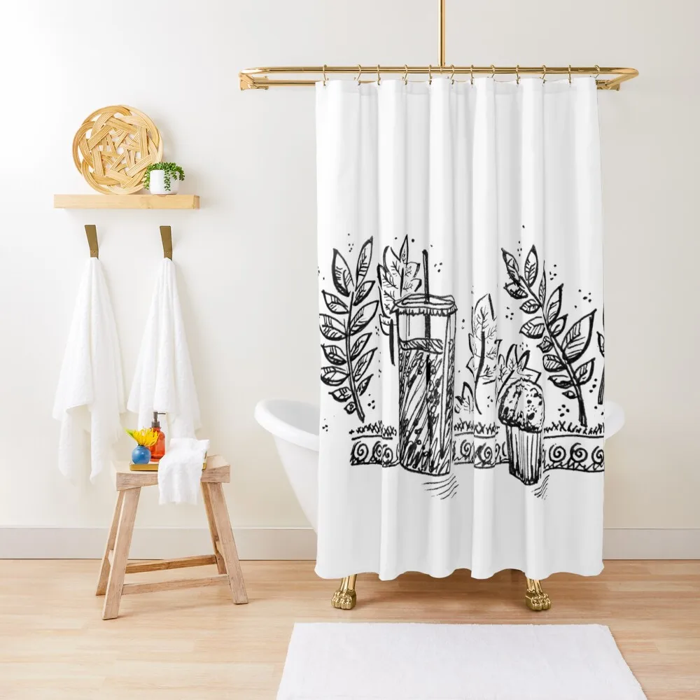 

Coffee Shop with Drink and Muffin Shower Curtain Bathroom Shower Set Waterproof Fabric Shower Window Anime Bathroom Curtain