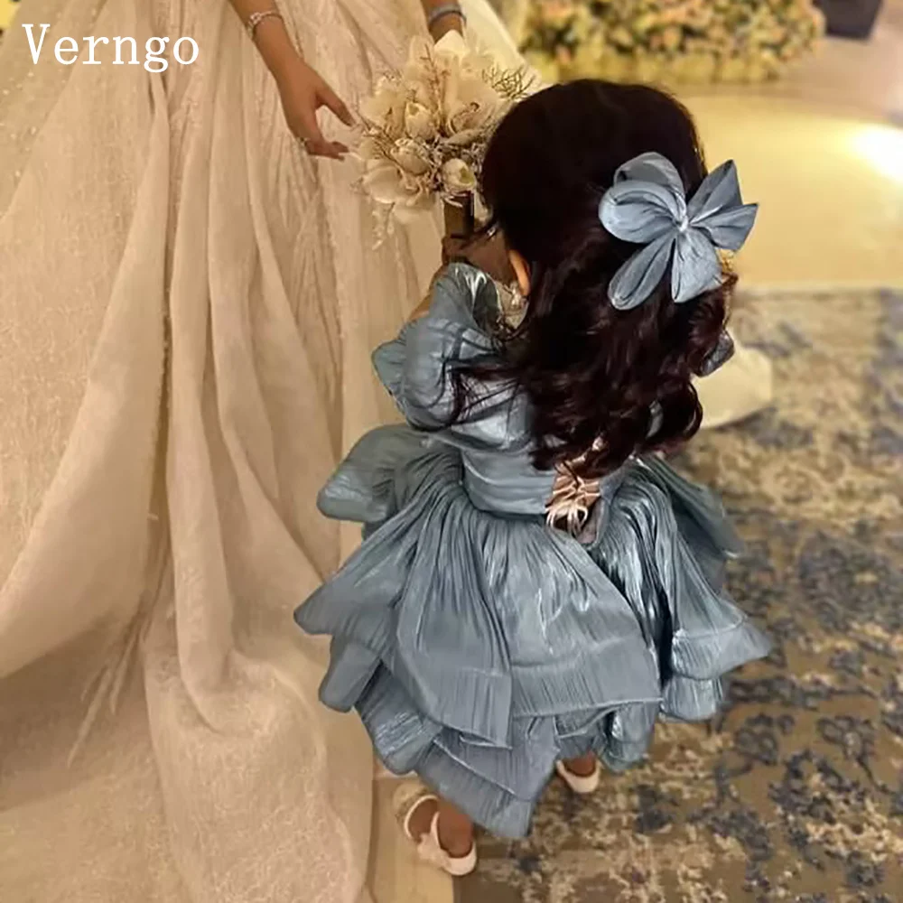 

Verngo Shiny Dusty Blue Mini Kid Birthday Party Dress Short Sleeves A Line Kid Prom Flowers Dress Celebrity Customized