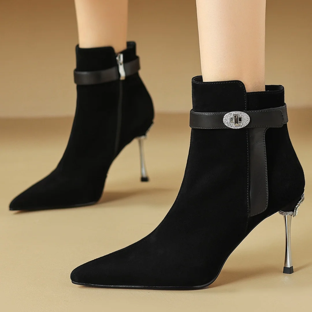 

Women's natural suede leather metal buckle 8.5cm ultra high heel autumn ankle boots sexy ladies evening dress short booties shoe