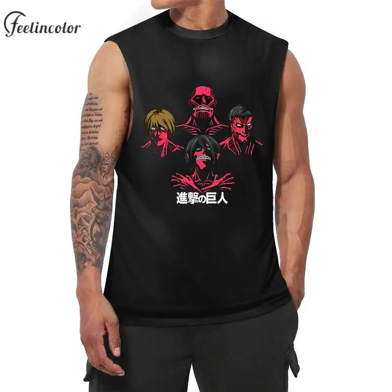 Japanese Anime Print Vest for Men Titan Graphic Tank Tops Sleeveless Tee Black Casual Summer T-Shirts Loose Male Clothing