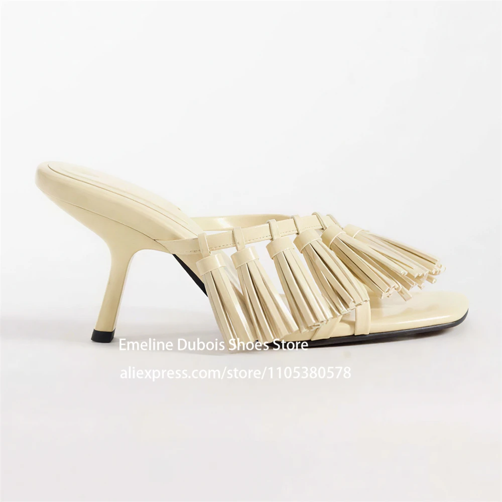 

Cream White Tassel Fringe Kitten Heel Mules Round Toe Slip on Mid Heel Sandals Elegant Casual Summer Streetwear Shoes for Women
