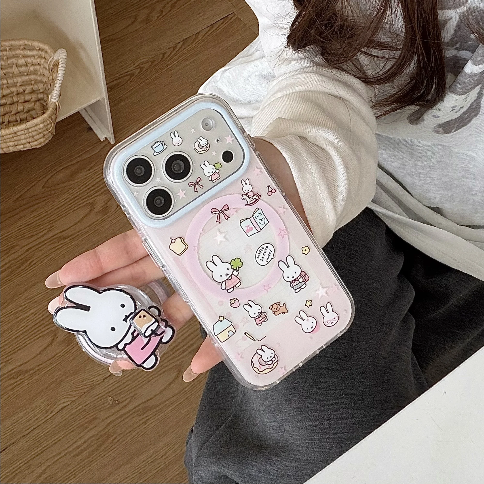 

Cute Cherry Pink Miffy Rabbit Magnetic Phone case for iPhone 15 16 17 16 Pro Max 17 Pro Cover With Magsafe Stand Kawaii Cases