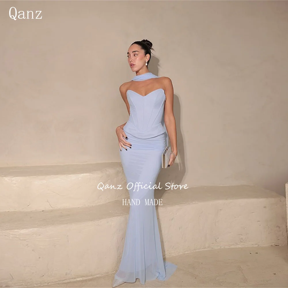 Qanz Baby Blue Chiffon فساتين لحضور الحفلات الموسيقية حورية البحر Modst Vestidos De Fiesta بدون حمالات مشد خلفي رداء De Soirée نسائي مخصص