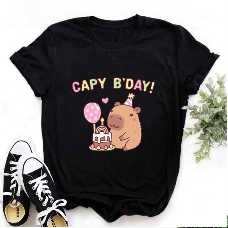 Capy Birthday T Shirt capibara Cartoon Print maglietta Unisex Harajuku Streetwear o-collo donna uomo T-Shirt moda Casual regalo top