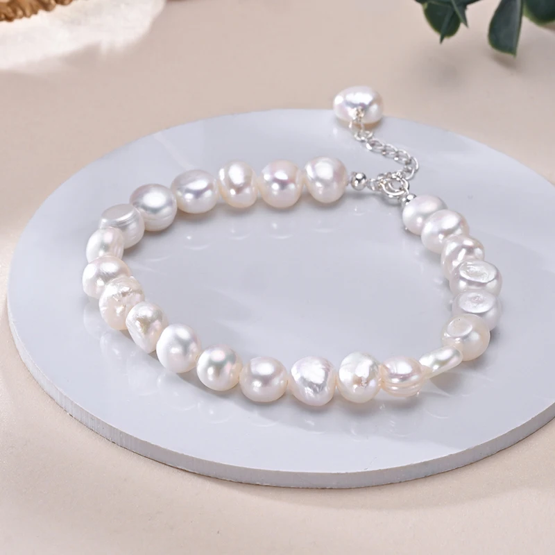 HENGSHENG Classics 925 Sterling Silver Freshwater 8-9mm White Pearl Baroque Bracelet Fine Jewelry Gifts for Women Girls