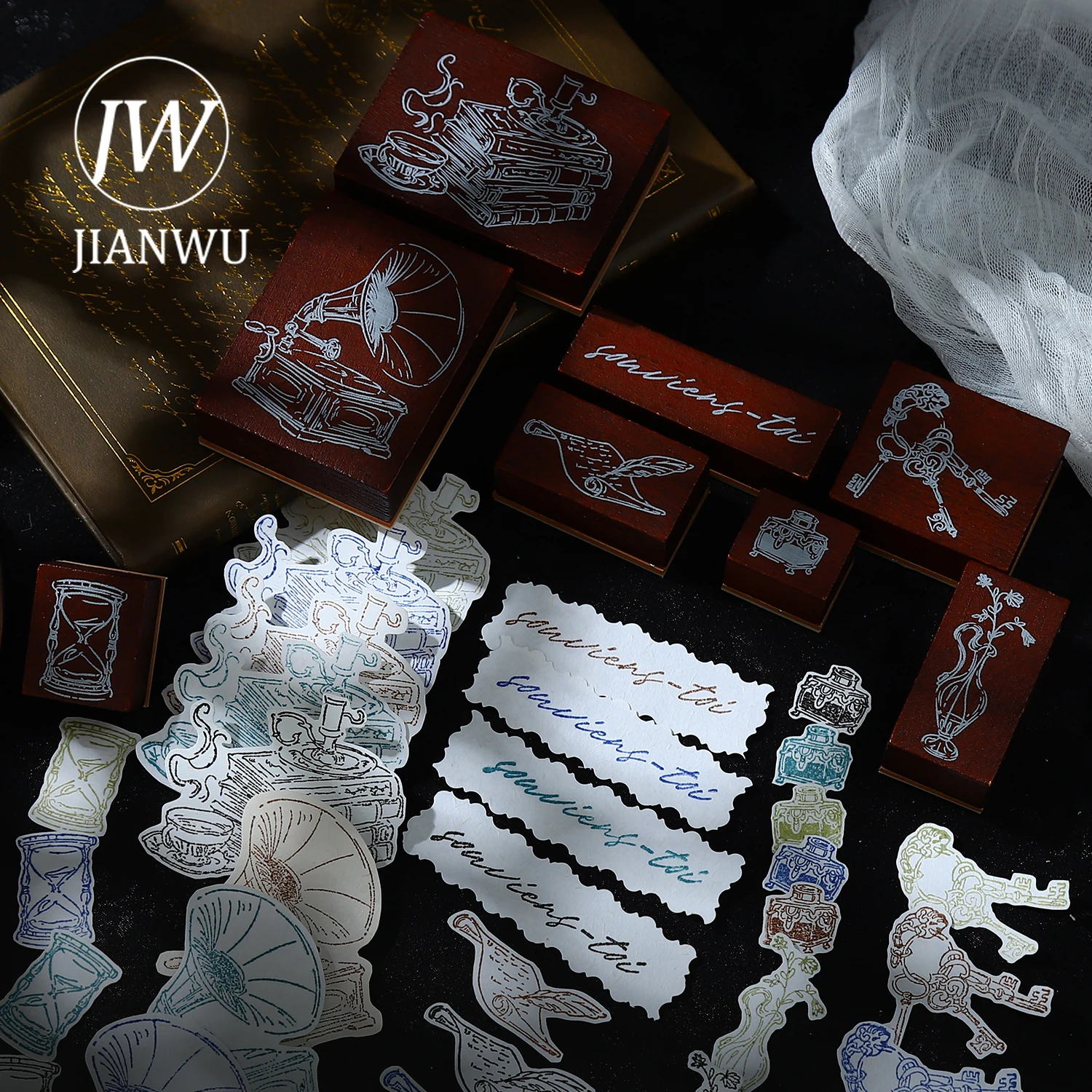 JIANWU الثمينة اليسار على سلسلة الورق ساعة خمر أريكة زهرة المشهد الكولاج ختم خشبي الإبداعية DIY مجلة القرطاسية #5