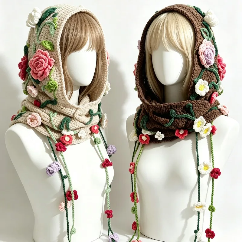 Handmade Colorful Wooland Balaclava Hat Women Winter Custom Crochet Floral Charm Beanie Men Warm Casual Sweet Kawaii Unisex Cap
