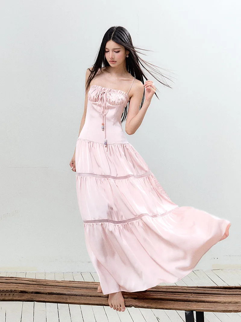 REDDACHiC โรแมนติกสีชมพูซาตินผู้หญิง Cami ชุดโบว์ครอสโอเวอร์กลับปิดไหล่ Hollow Out Maxi ยาวชุดราตรีอย่างเป็นทางการ