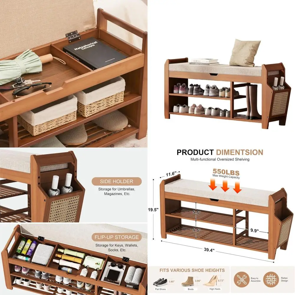 3-Tier Bamboo Shoe Rack Bench with Thick Cushion, Flip-Top and Side Storage, Holds Up to 550lbs for Entryway, Living Room, Bedro