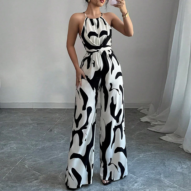 

Tinaa One Piece Jumpsuit for Women Summer Contrast Color Spaghetti-neck Sleeveless Pleated Wide Leg Long Pants Romper Woman 2025