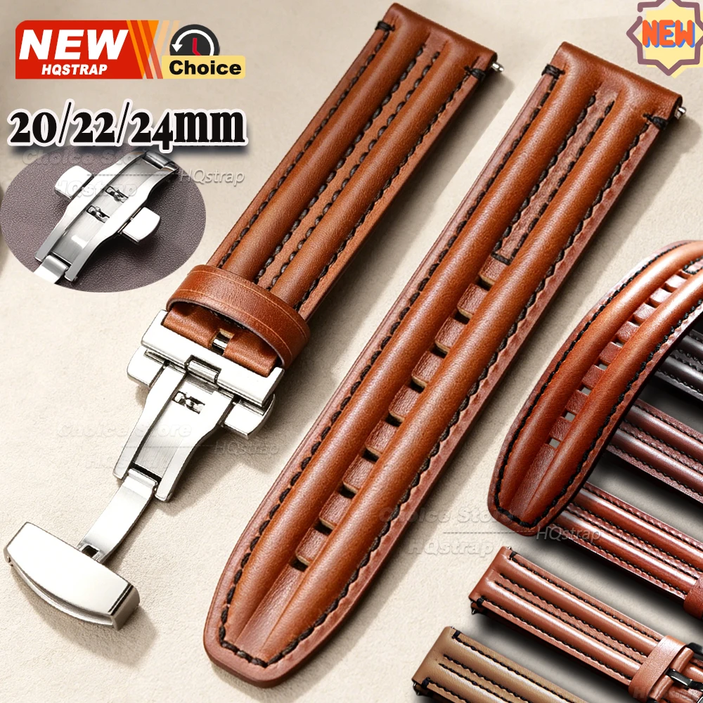 Bracelet en cuir pour homme avec fermoir papillon, étanche, 20 mm, 22 mm, 24 mm, à libération rapide, pour montre connectée, compatible Seiko et Rolex