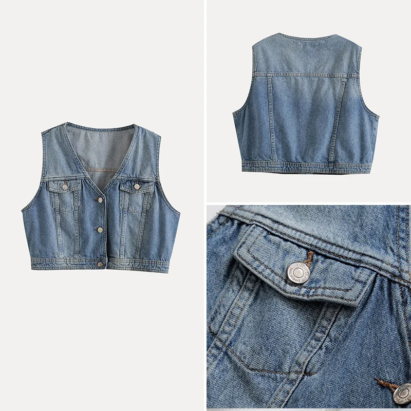 

Faionable V-Ne Svel ort Denim Vest 2025 Spring New Women's Clothing Street Sle Polyester Fiber 00%