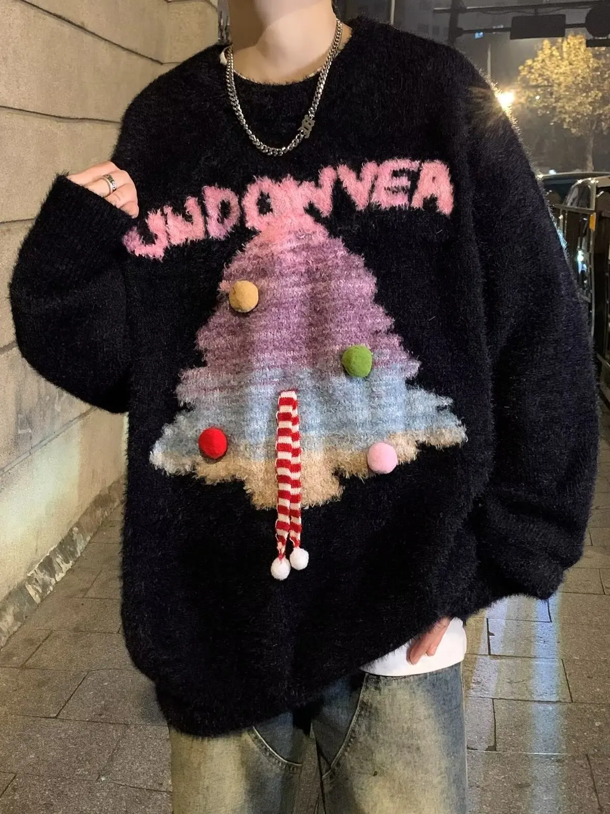 الأمريكية الرجعية متعة شجرة عيد الميلاد الأحمر جولة الرقبة الرجال سترة الخريف الشتاء فضفاضة عارضة زوجين الأزرق الأخضر محبوك سترة #2