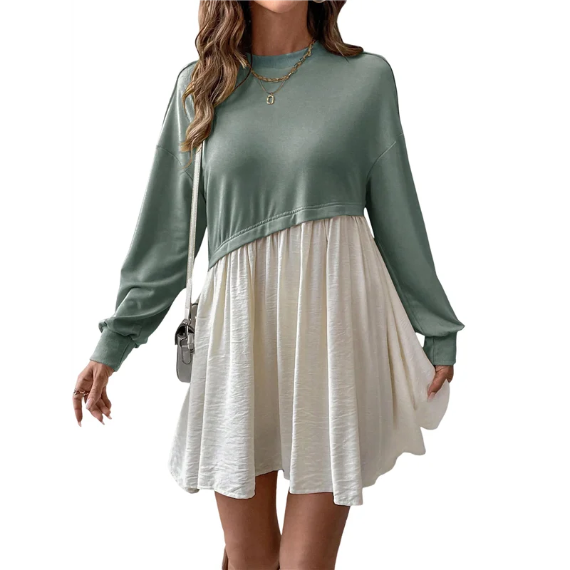 NEW-여성용 컬러 블록 라운드 넥 긴 소매 러플 밑단 캐주얼 A라인 짧은 드레스