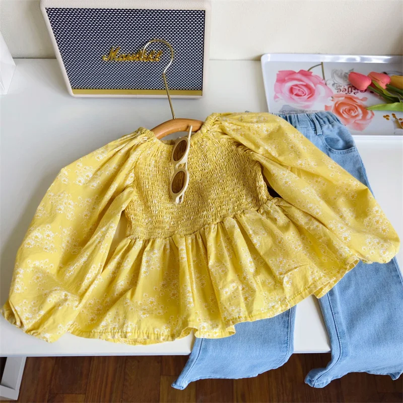 Baby Girls' Clothing Sets Kids Spring Autumn Fashion Suit Children Floral Shirt +Flared Jeans 2Pcs New Casual Princess Outfits