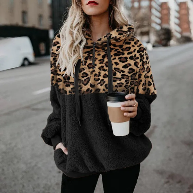 2023 Autumn/Winter Sexy Leopard Pattern Hoodies for Women Zipper Pocket Women\'s Top Plush Sweatshirts