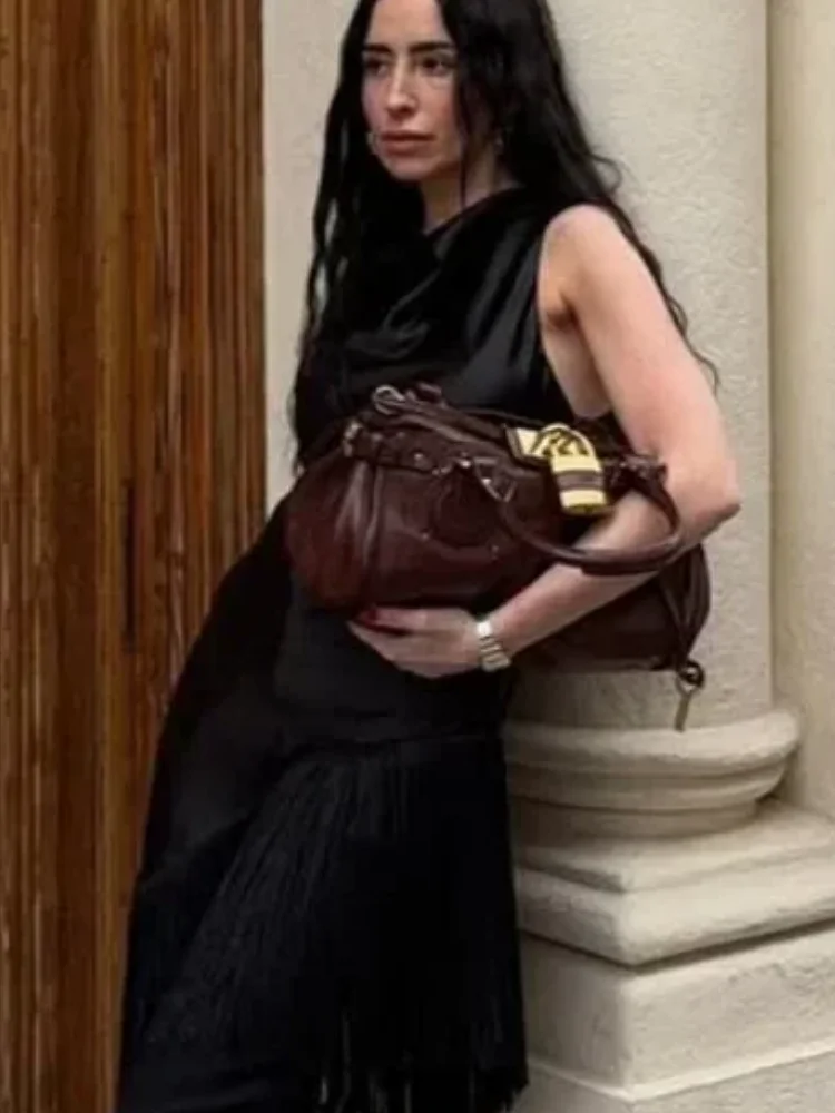 Chic Vintage Black Tassel Loose Tops Lady Retro Sleeveless Draped Neck Irregular Hem Satin Blouses 2026 Women New Highstreet Top