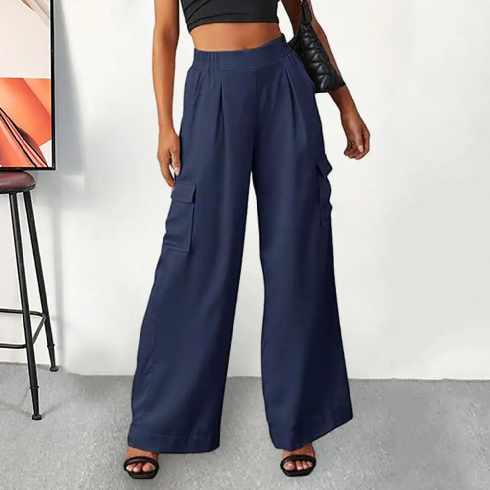 

Overalls Style Trousers Women's Casual Cargo Pants Mid-rise Elastic Waist Wide Leg Trousers with Multi Pockets High for Everyday