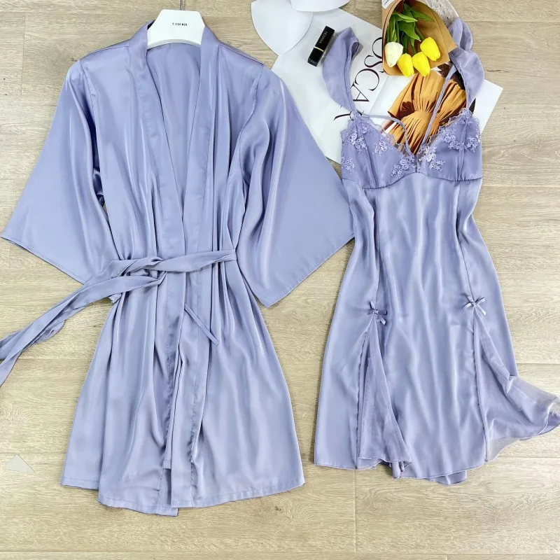 

2022 New Lace Sweet Robe Gown Sets for Women V-Neck Sexy Sling Nightgown Ice Silk Loose Sleepwear Wedding Intimate Home Dress