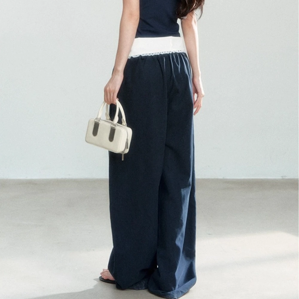 TWOTWINSTYLE Blue Spliced Lace Chic Trousers Female High Waist Loose Korean Minimalist Women's Wide Leg Pants Autumn New Fashion