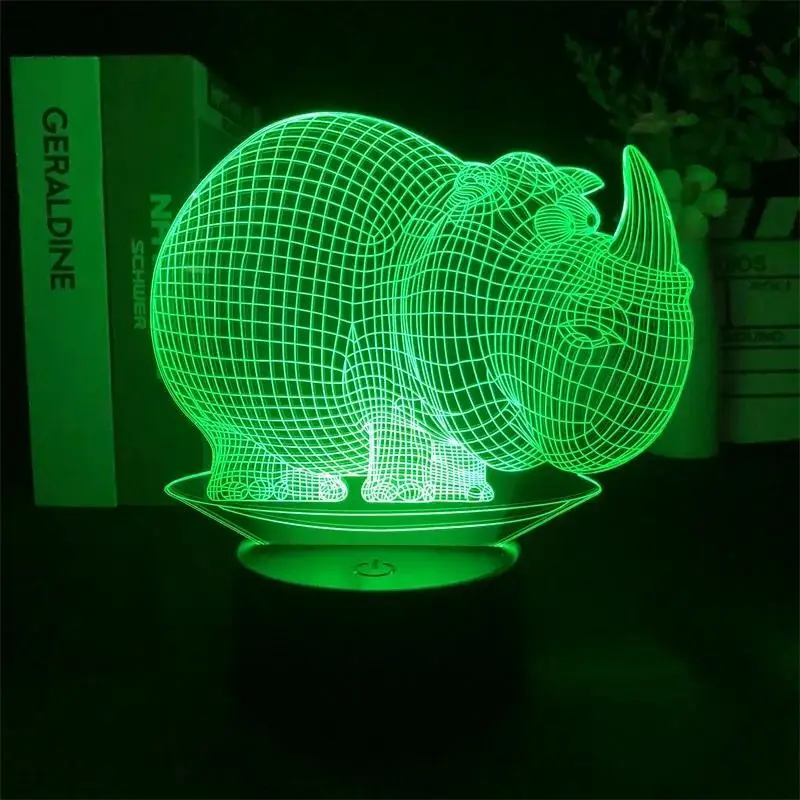 Lámpara de rinoceronte 3D con Interruptor táctil inteligente de 7 colores, lámpara de noche de Animal, lámpara de ilusión óptica, decoración del hogar, regalos de cumpleaños de Navidad