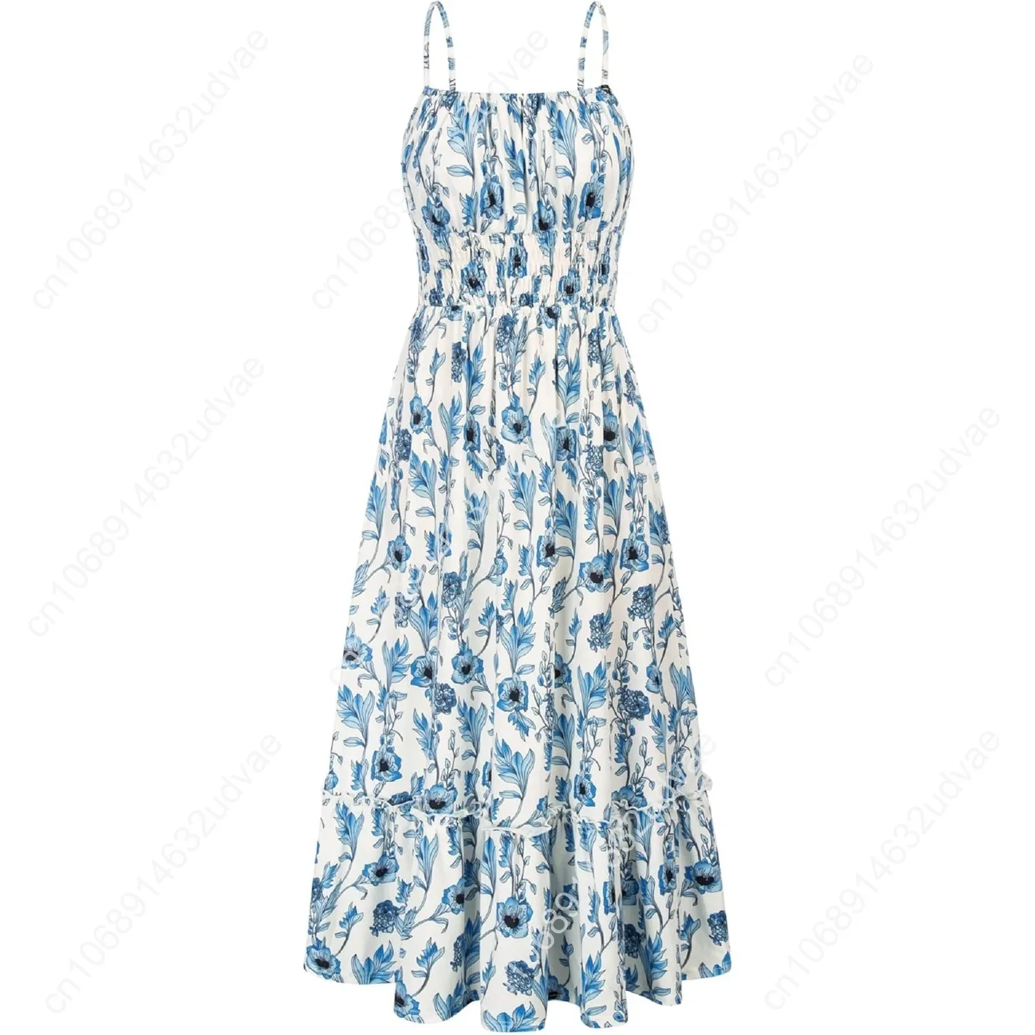 

2025 Summer Maxi Dress Womens Sleeveless Floral Spaghetti Strap Smocked Boho Beach Long Dress with Pockets