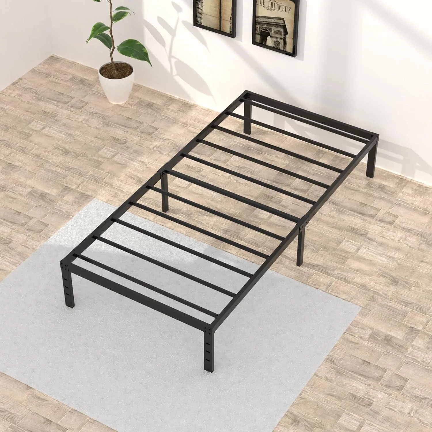 16 inch twin bed frame without box spring, metal platform, with 14 inch storage space, 2500 pound steel bar support, black image 4