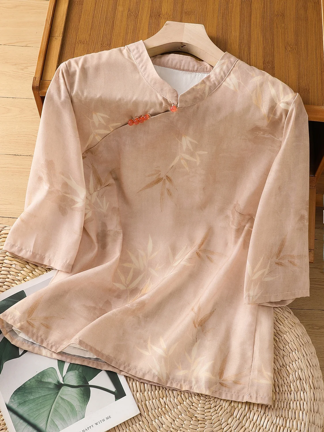 

Slimming Effect Linen Print Top Women's Faionable Summer irt Five-Quarter Sve V-Ne Regular Length