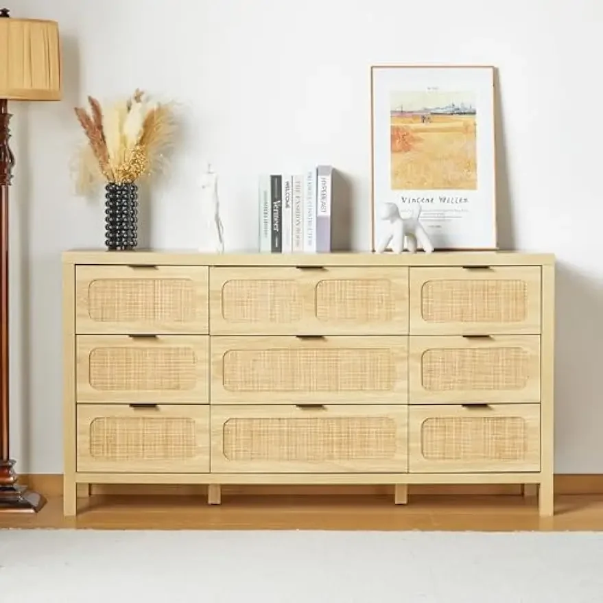 

4/6/9 Drawer Dresser, Modern Rattan Dresser Chest with Large Storage and Metal Handles, Rustic Wood Storage Chest of Drawers