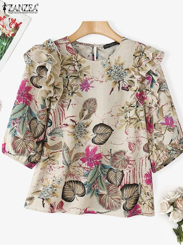 

ZANZEA Vintage Summer Blouse Short Sleeve Women Ruffled Shirts 2025 Printed Tunic Tops Casual Loose Bohemian Blusas Cotton Tees