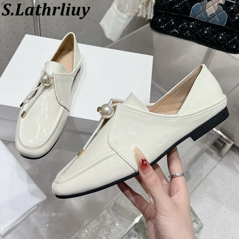 

Spring Autumn Round Toe British Style Single Shoes Women's Elastic Band Luxurious Pearl Loafers Daily Office Commuting Shoes