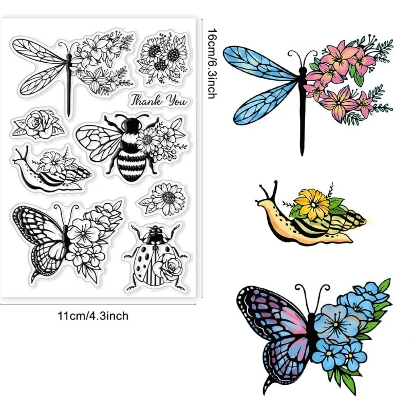 Butterfly Clear Stamps for Card Making Decoration Scrapbooking Supplies, Bee Clear Stamps Animals Snail Ladybug Transparent