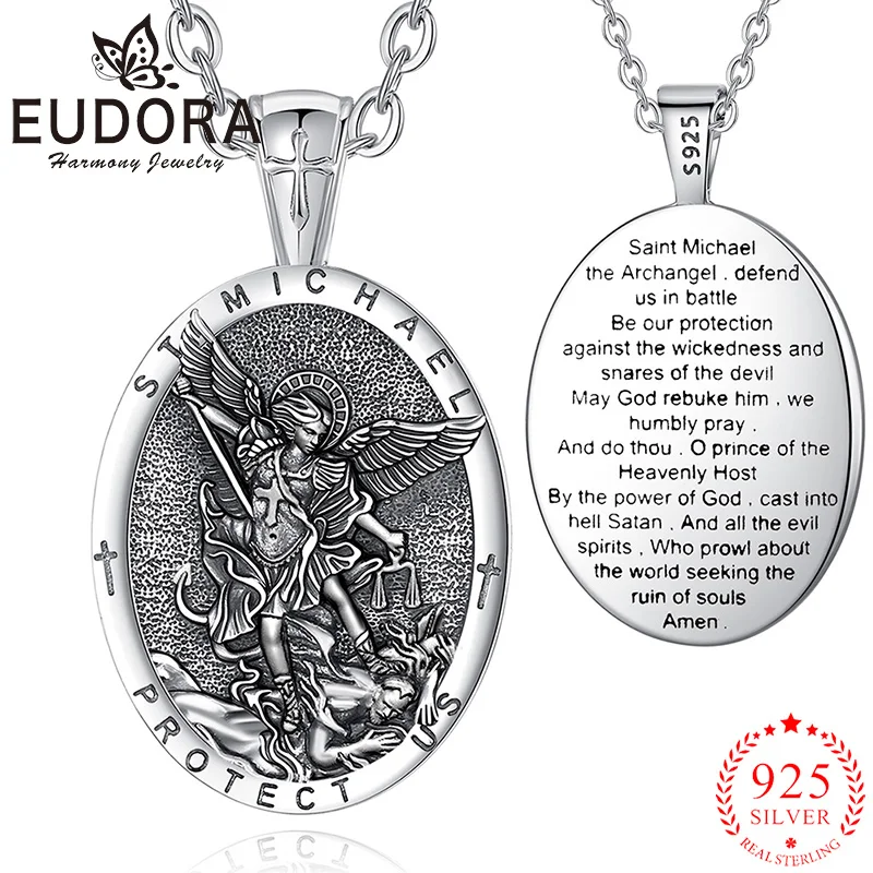 Eudora 925 Sterling Silver St. Michael Archangel Necklace Cross Amulet Pendant Christian Jewelry Religious Gift for Men Woman