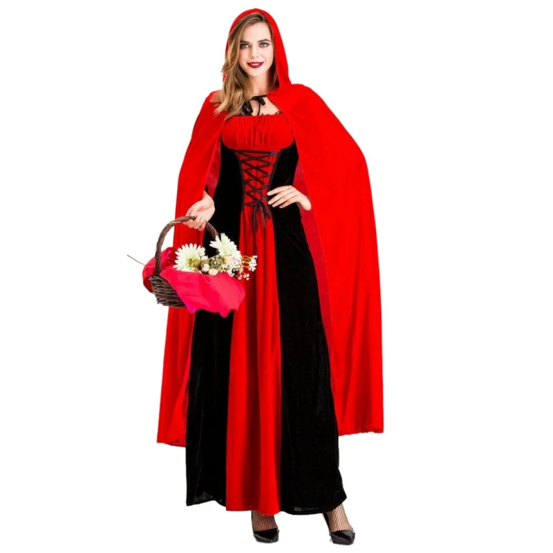 Conjunto de vestido vermelho e preto de Halloween, Carnaval com capuz, Chapeuzinho Vermelho, Role Playing, Traje de palco medieval para adulto