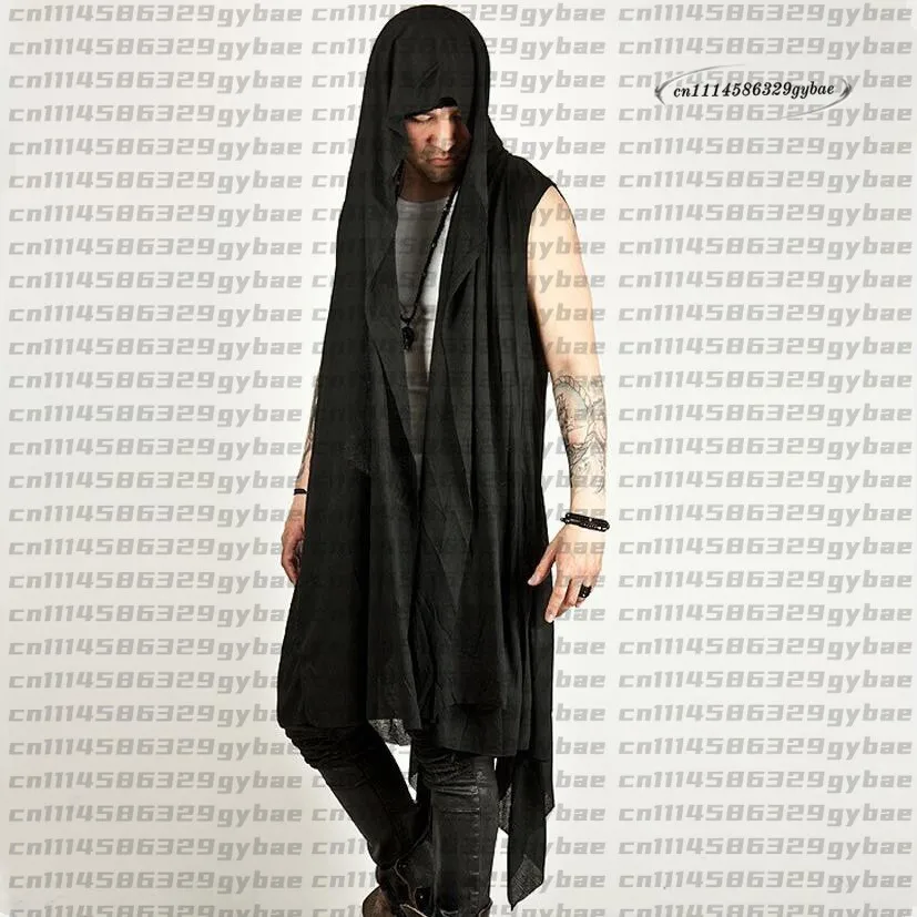 Nightclub Men Hip Hop Punk Long Vest Linen Sleeveless Shirt Cape Man Gothic Style Streetwear Vest Singer Stage Cardigan Costume