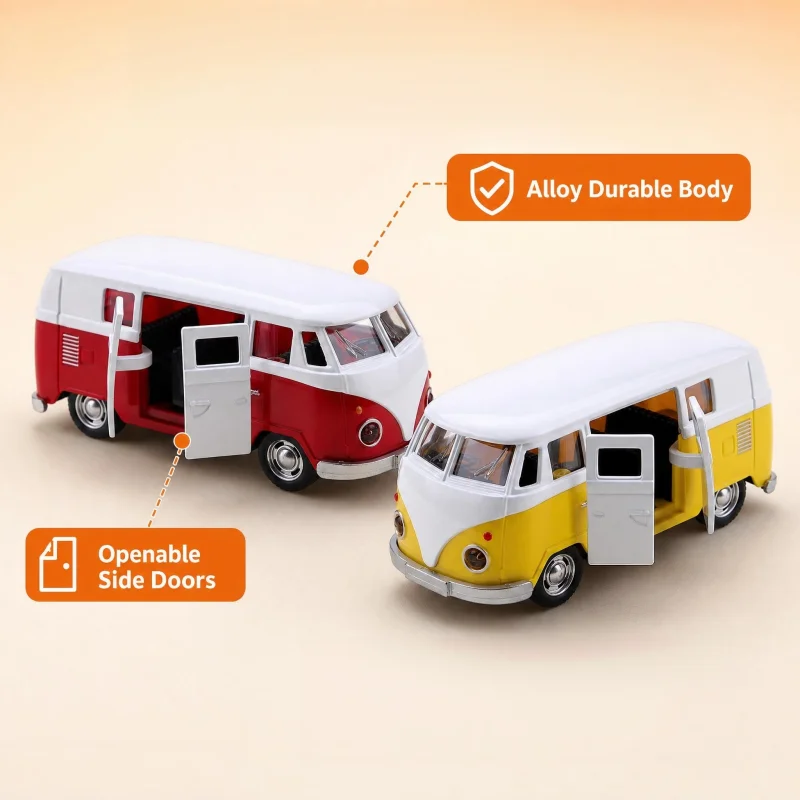 Retro Vintage Van Diecast Model, Red‑white & Yellow‑white Two‑tone Set, Open Side Door Pull‑back Alloy Car Collectible Ornament