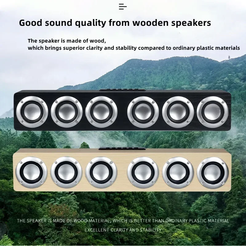 

TV Sound Bar Wooden Bluetooth Speaker Home Theatre System Wireless Subwoofer Support AUX/ TF with FM Radio Boombox for Computer