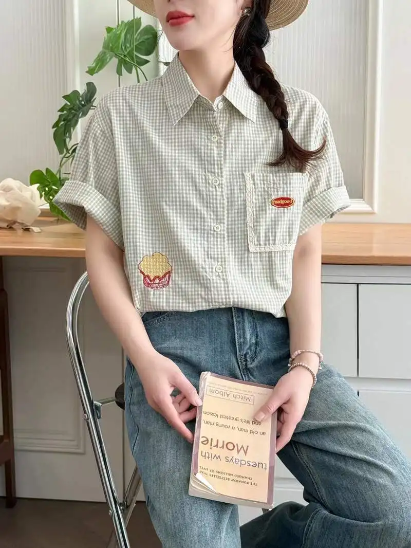 

New 2026 Summer Women Cotton Short Sleeve Shirt, Lapel Embroidery Plaid, Mori Girl Fashion Preppy Style Loose Blouse T63822CC