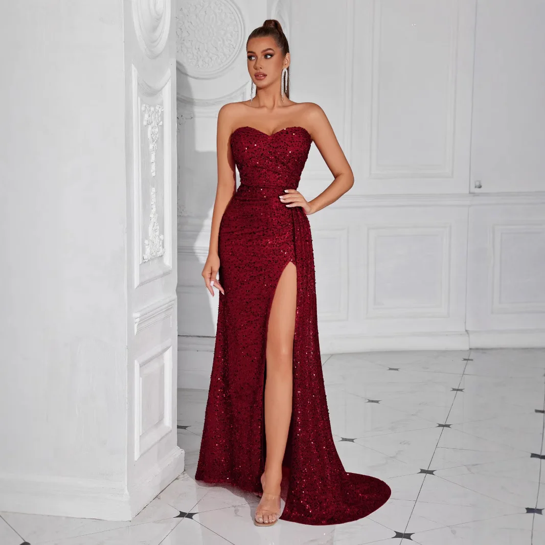 

Сексуальное летнее трикотажное платье макси без бретелек с разрезом, облегающее, с завышенной талией, без рукавов, для вечерних выходов