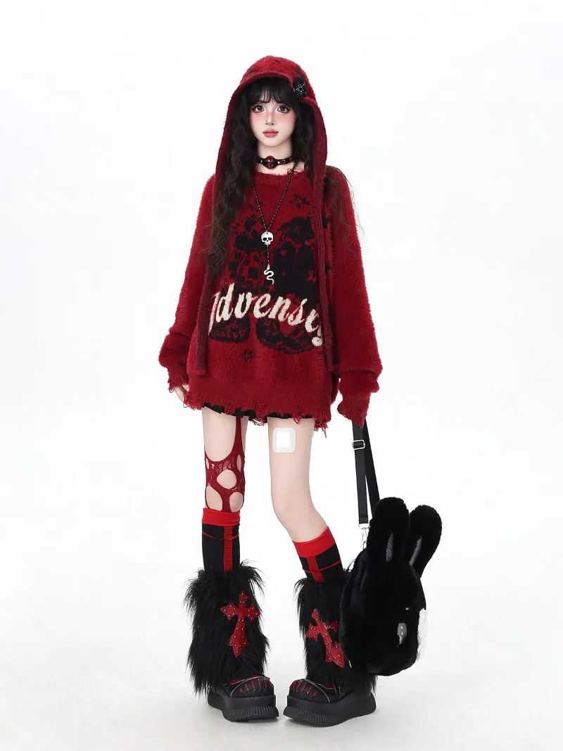 انفصال قبعة النمط الأمريكي فو فرو المنك تريكو أعلى الرجعية تصميم فضفاض لينة مريحة سترة البلوز المرأة لاعبا