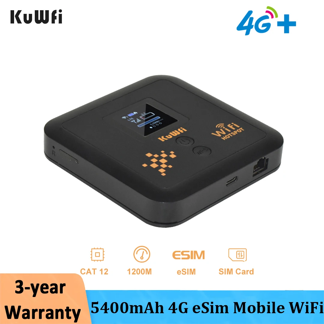 KuWFi 5400mAh 4g Mobile Wifi Router Dual band AX1200 2.4g 5.8g Pocket Wifi Cat 12 eSim Router With Sim Card Slot Support 32 User