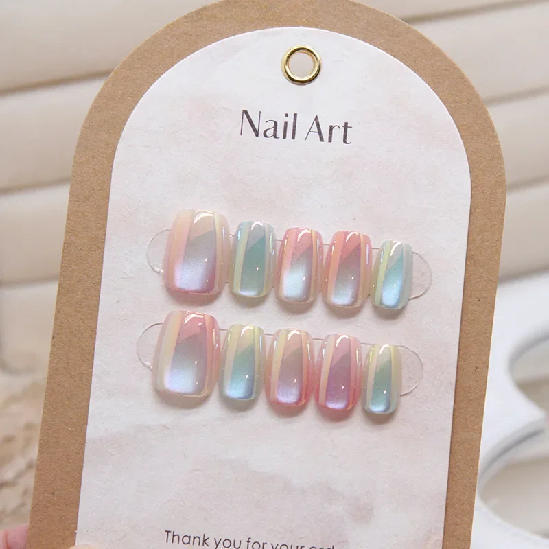 10Pcs Candy Color Gradient Press Fake Nail Full Cover Cat Magnetic Design French Almond Fake Nails Wearable Manicure Nail Tips