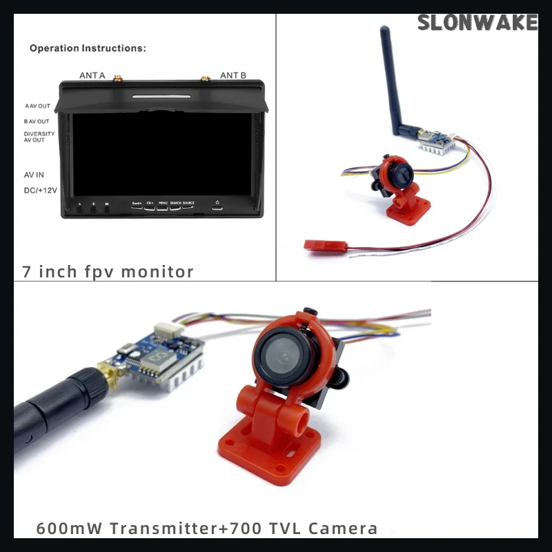 5.8G analog video transmission with 600mw power output for channel 48, featuring a wide-angle camera fpv 7inch display screen