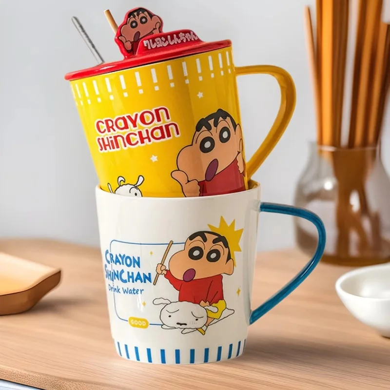 Crayon Shin Chan Ceramic Mug With Lid And Spoon Handle, Household Cartoon Milk Breakfast Cup, Couple Water Cup Gift Delicate