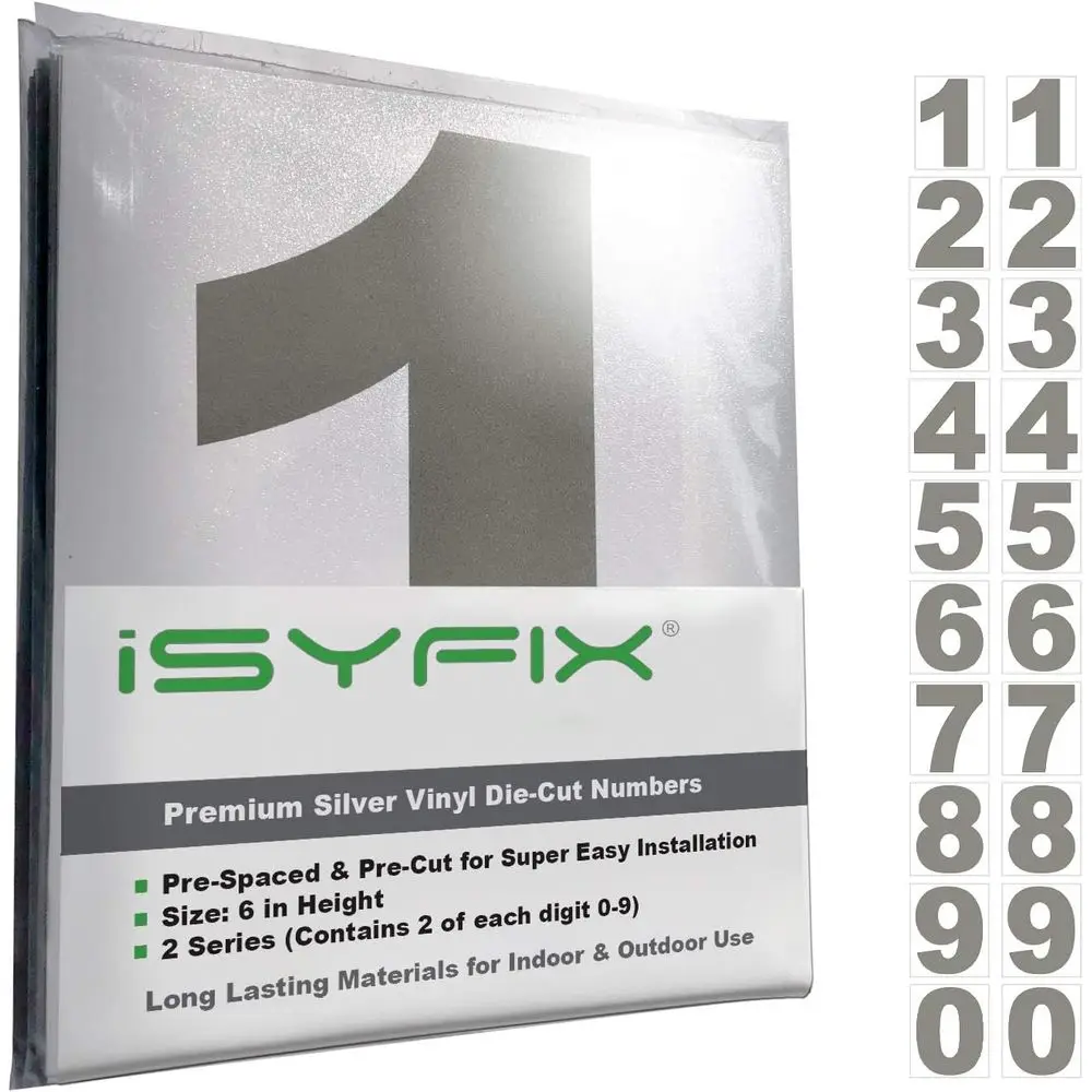 

Серебряные виниловые наклейки-цифры - 6 дюймов (2 комплекта) - Премиум-качество, вырезанные по контуру, с предварительно размещёнными интервалами для почтовых ящиков, вывесок, окон, дверей, автомобилей, транспорта