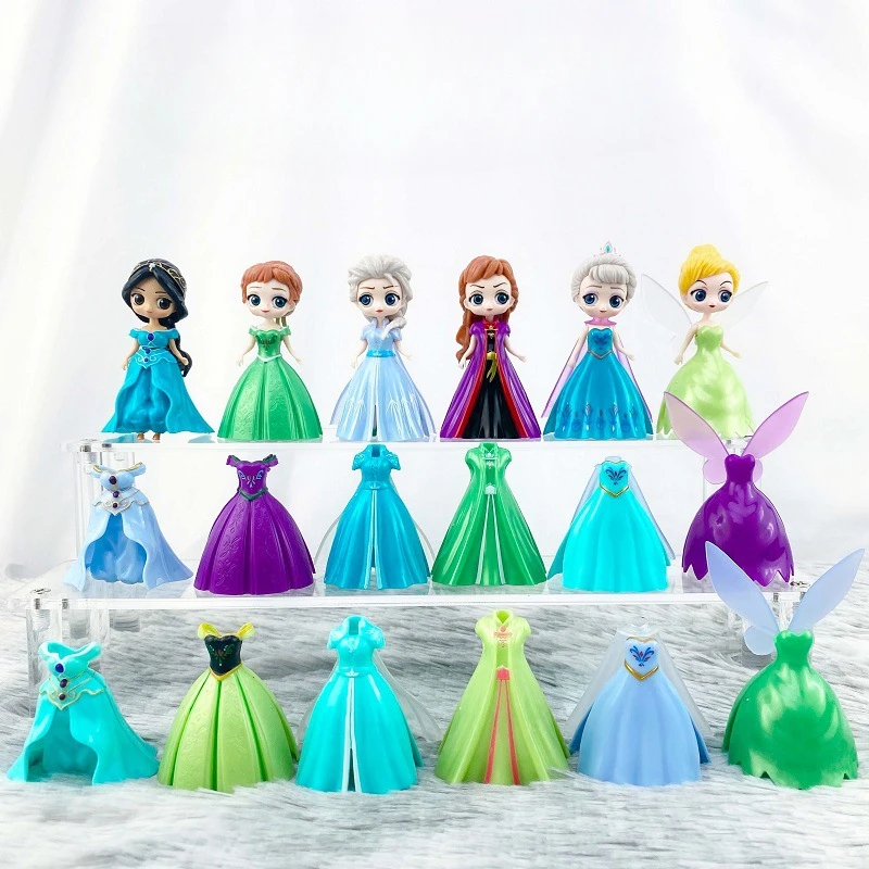 

New Disney 6 pcs/set frozen Dress Magiclip Princess Figurines Statue Snow White Elsa Anna Action Figures Kids gift Toys