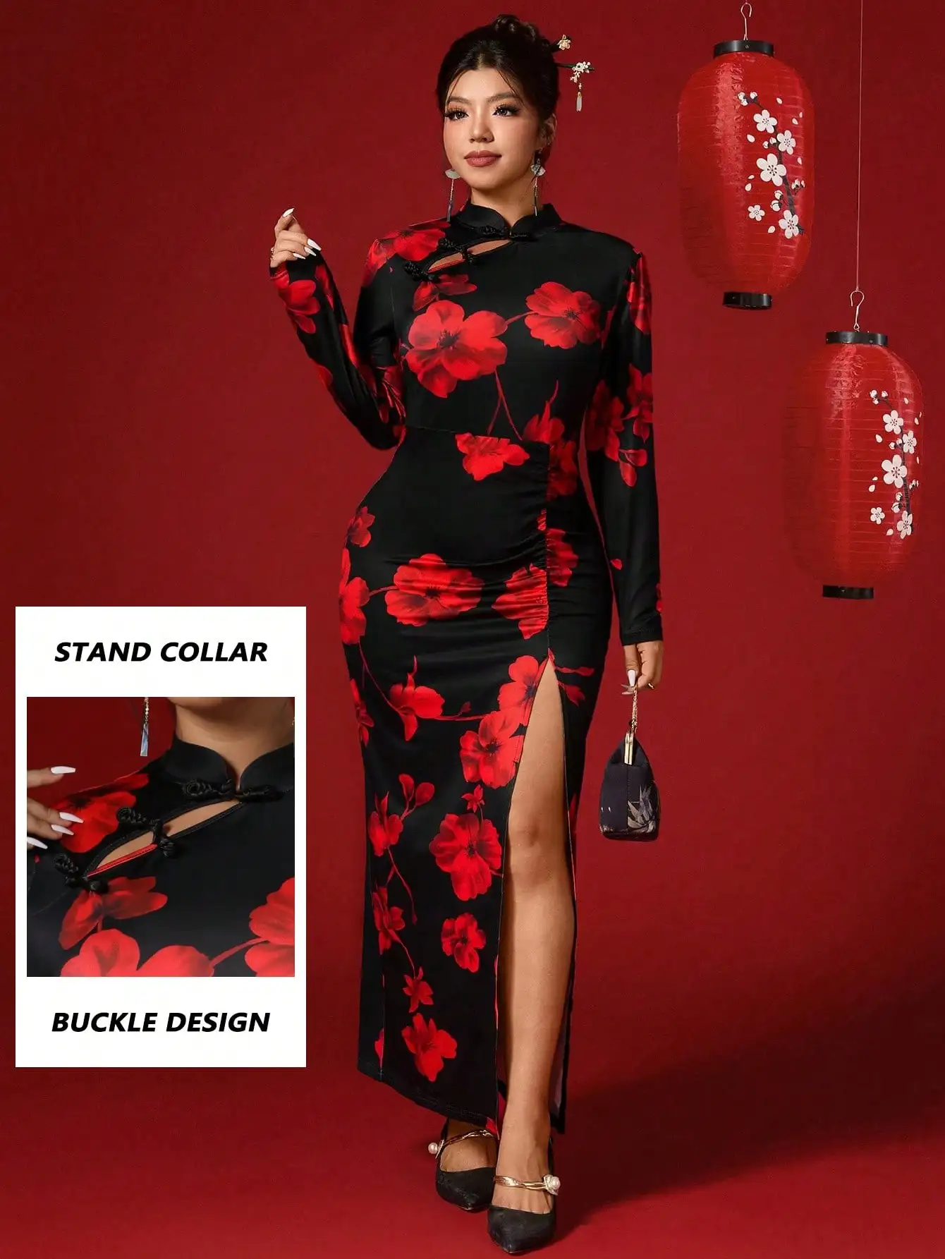 

Black Red Floral Print Long Sleeve Maxi Dress with High Slit and Stand Collar